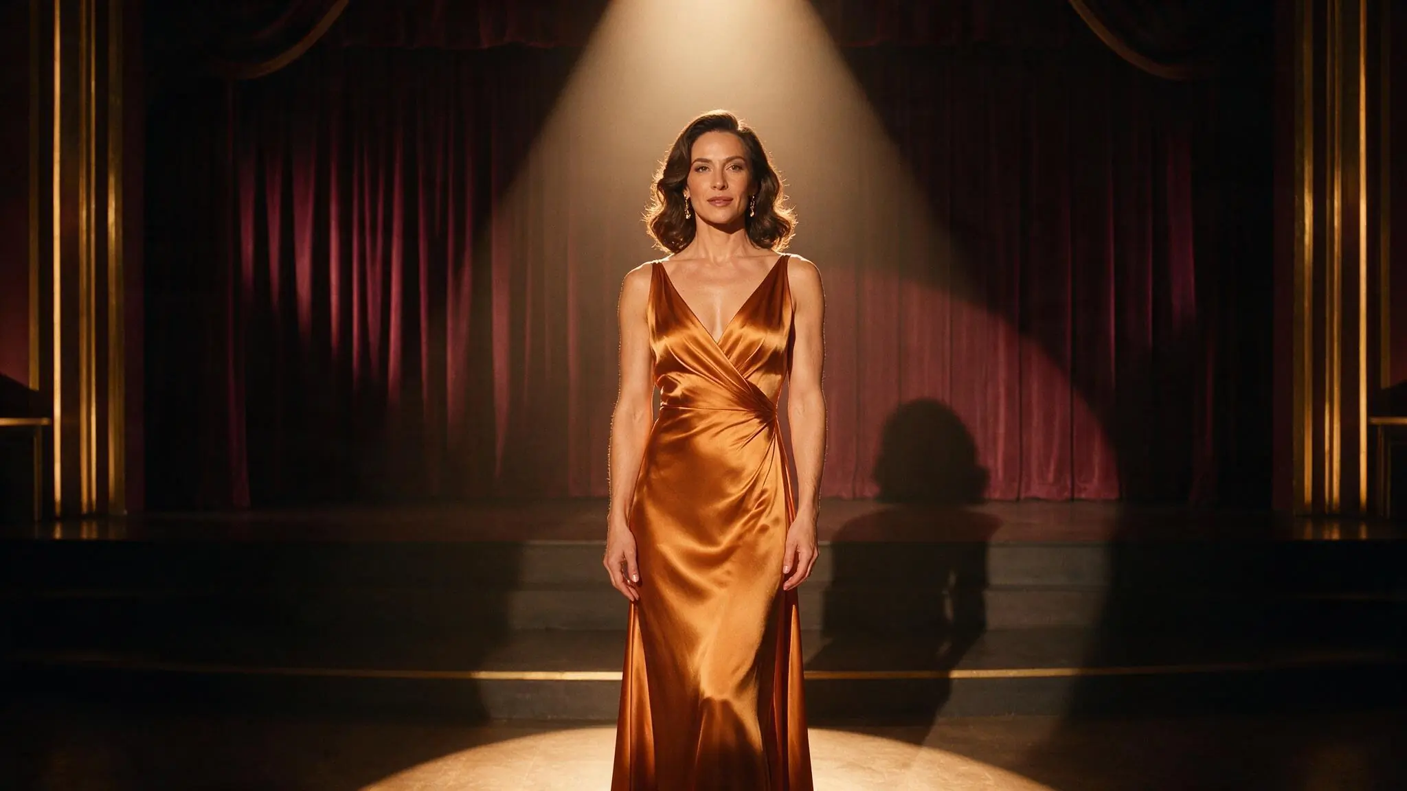 Fictional adult performer on an amber-lit theater stage, shown as an illustrative AI video direction
