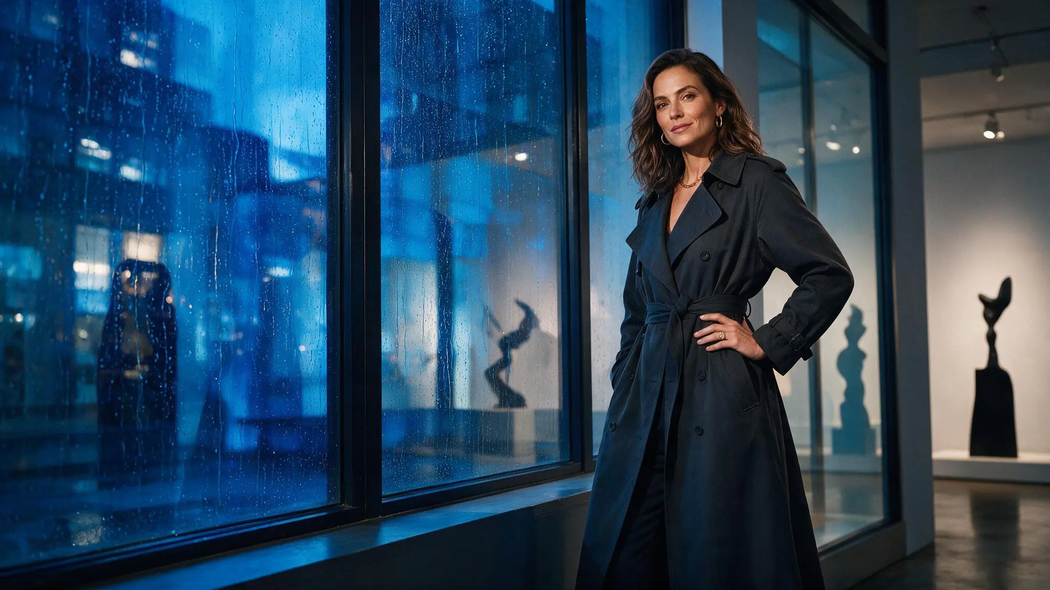 Fictional adult creator in a rain-lit gallery, shown as an illustrative AI video direction