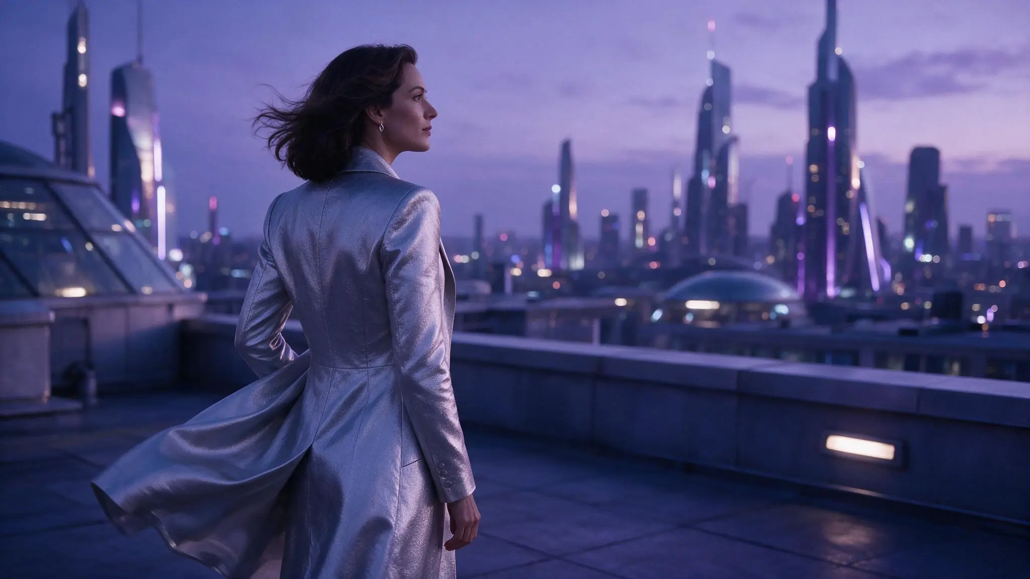 Fictional adult creator on a silver-blue rooftop, shown as an illustrative AI video direction