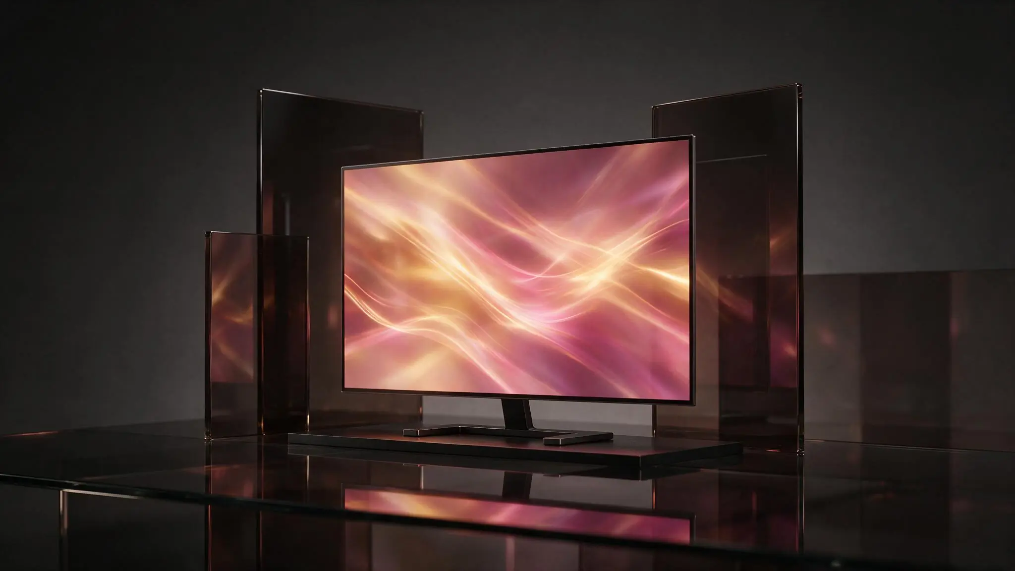 Luminous widescreen display representing a completed video render